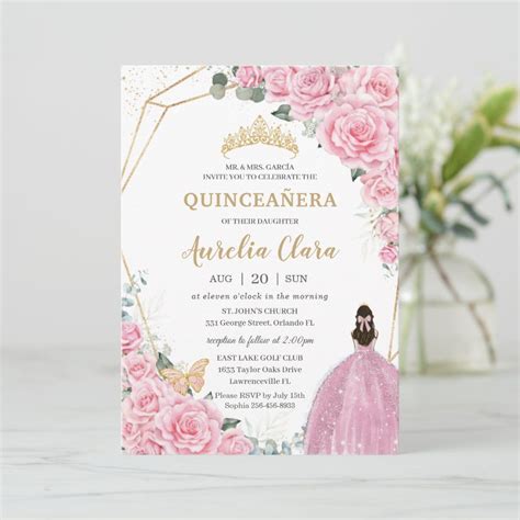 Quincea Era Pink Roses Floral Gold Princess Crown Invitation Zazzle