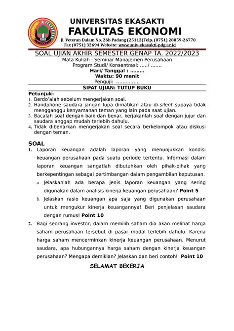 Contoh Kop Utk Soal Uas Soal Universitas Ekasakti Fakultas Ekonomi Jl Veteran Dalam No 26b