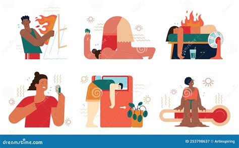 Heat Wave Set Characters Suffering From Heat Stock Vector