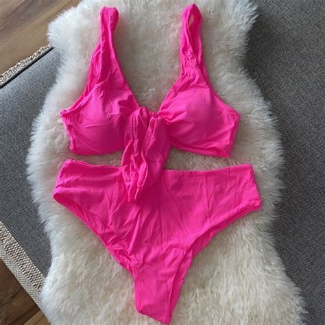 Shein Swim Pink High Waist Bikini Ribbed Bikini Hot Pink Bikini