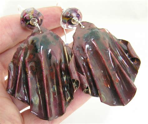 Raku Curtains Earrings Handmade Artisan Organic Lampwork With Fold