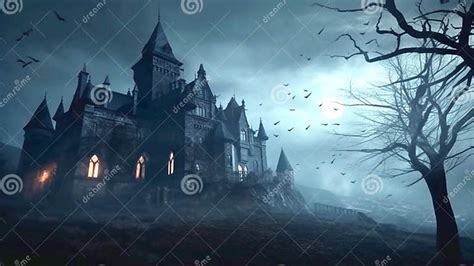 Horror Halloween Haunted Castle on Creepy Spooky Night Stock Illustration - Illustration of ...