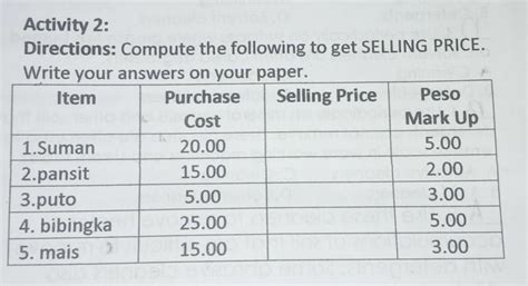 Activity 2 Directions Compute The Following To Get SELLING PRICE