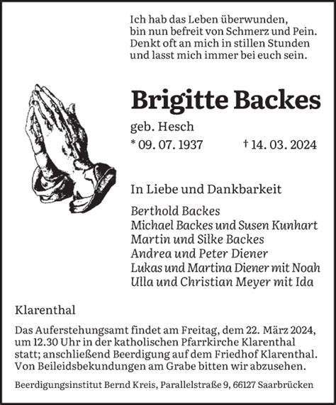 Traueranzeigen Von Brigitte Backes Saarbruecker Zeitung Trauer De