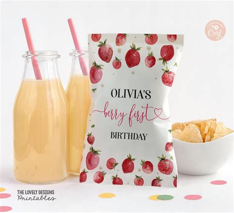 Editable Strawberry Chip Bag Wrapper Strawberry Birthday Party Favors