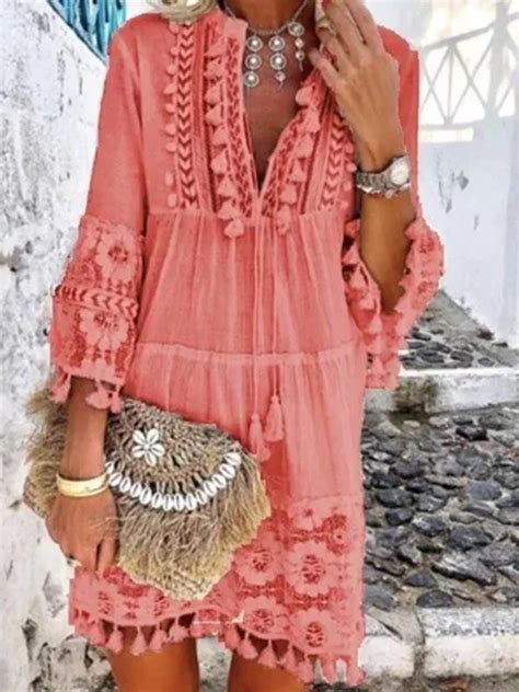 Sleeve V Neck Holiday Boho Dress Roselinlin