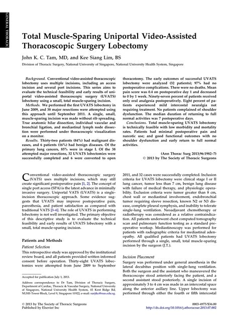 PDF Total Muscle Sparing Uniportal Video Assisted Thoracoscopic