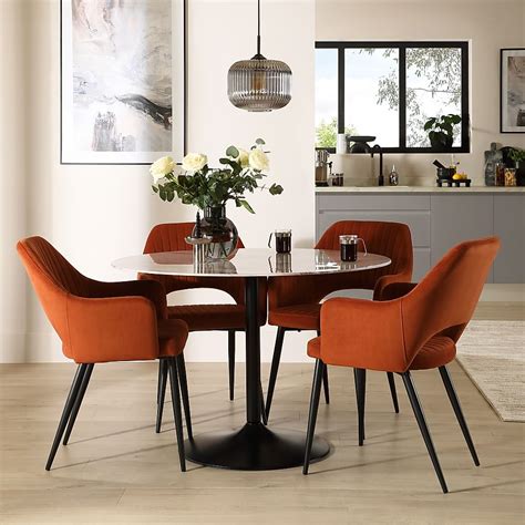 Orbit Round Dining Table And 4 Clara Dining Chairs Grey Marble Effect And Black Steel Burnt Orange