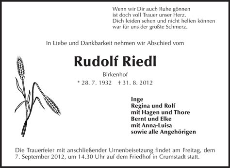 Traueranzeigen Von Rudolf Riedl Vrm Trauer De