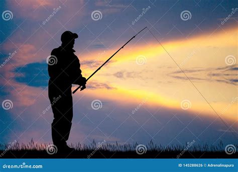 Fisherman at sunset stock illustration. Illustration of water - 145288626