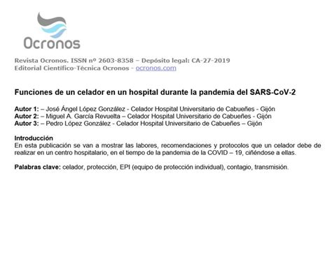 Funciones De Un Celador En Un Hospital Durante La Pandemia Del SARSCoV