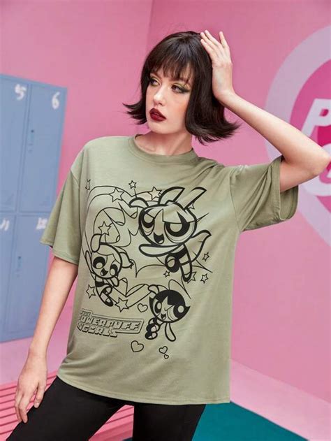 The Powerpuff Girls Romwe Cartoon Graphic Drop Shoulder Tee Shein Usa