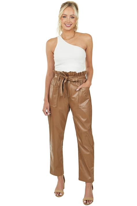 Camel Faux Leather High Rise Tie Waist Pants Lime Lush