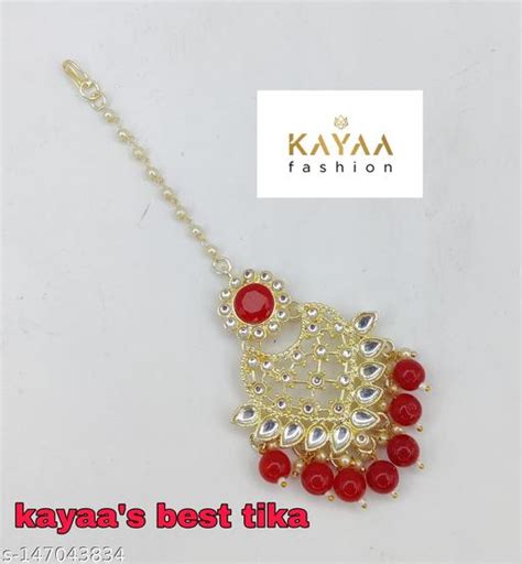 Gold Plated Traditional Ethnic Designer Maang Tika Decorated With Red