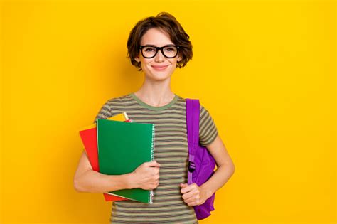 Photo Of Sweet Cheerful Girl Dressed Green Tshirt Eyewear Rucksack