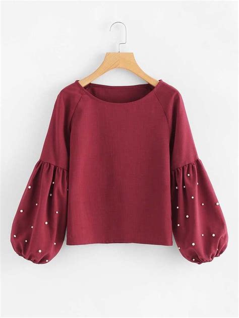 Free Returns Free Shipping On Orders 49 Pearl Beaded Bishop Sleeve Blouse Blouses At Shein