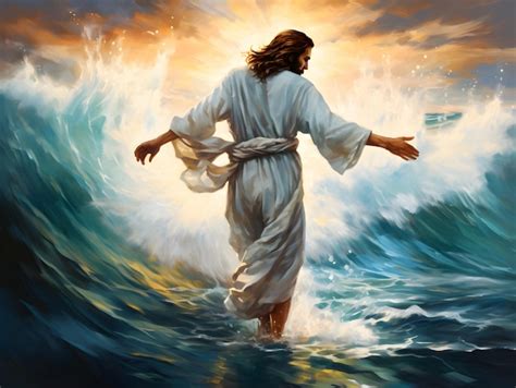 Premium Photo Back View Of Jesus Christ Walking On Water During Storm