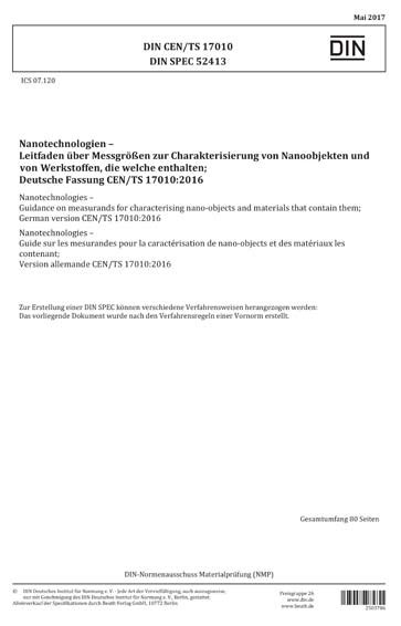 DIN CEN TS 17010 DIN SPEC 52413 2017 DE Nanotechnologien Leitfaden