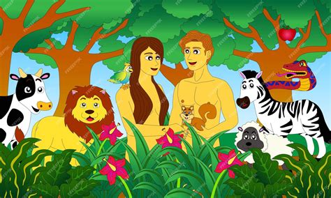 Premium Vector | Adam and eve in the garden of eden with the animals ...