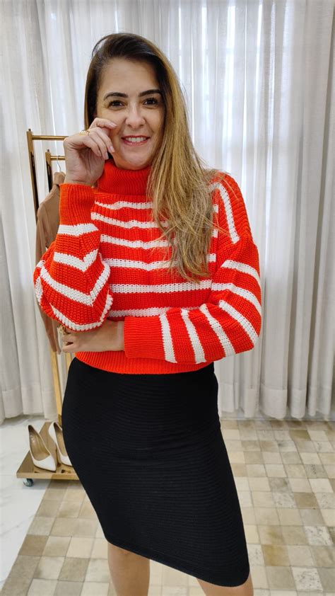 Cropped De Tricot Modal Listrado Hanzel Laranja Inverno Sandra