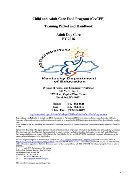 Fillable Online Education Ky CACFP Training Handbook For Adult Care