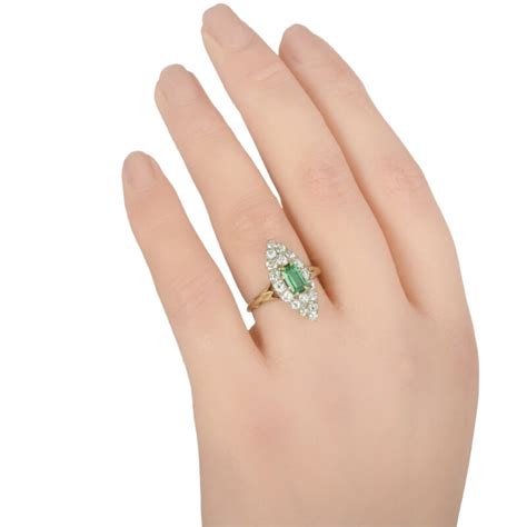 Victorian K Gold Emerald Diamond Navette Ring Ejay Antiques