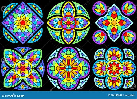 Set Of Stained Glass Windows In Gothic Style Medieval Mosaic Tile Texture Stock Vector