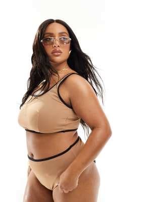 Asos Design Curve Contrast Binding Crop Bikini Top In Mochaccino Asos