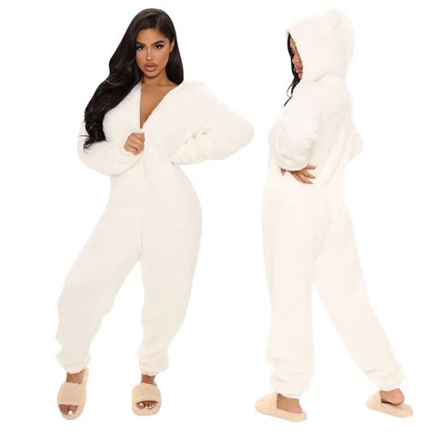 Plus Size One Piece Winter Hooded Teddy Cute Sleepwear Fuzzy Pjs Plush