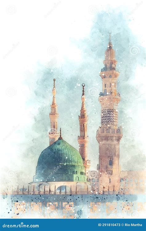 Watercolor Painting Sketch Of A Green Mosque With A Green Dome Prophet