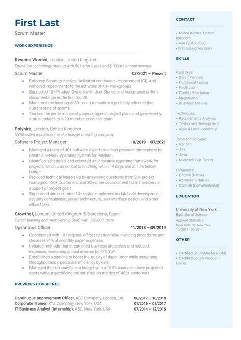 Scrum Master Cv Examples For Resume Worded