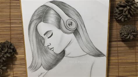 Girl With Headphones Drawing