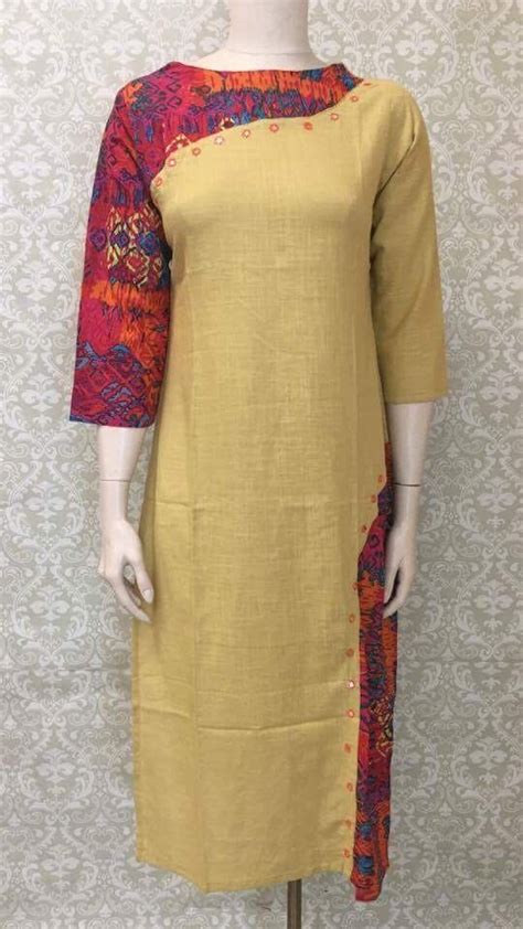 Linen Cotton Patch Work Kurta In 2021 Kurti Neck Designs Silk Kurti Designs Tunic Designs