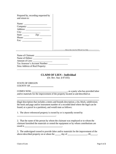 Claim Of Lien By Individual Oregon Form Fill Out And Sign Printable