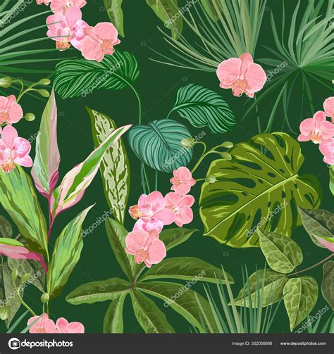 Orchid Philodendron And Monstera Background Seamless Tropical Floral