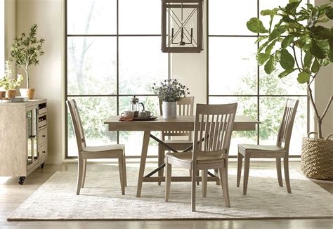 The Nook 60 Inch Trestle Dining Set W Wood Seat Chairs Heathered Oak