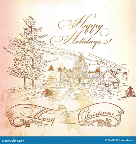 Christmas Greeting Card In Vintage Style With Hand Drawn Landsca