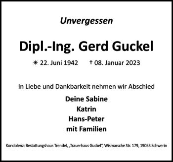 Traueranzeigen Von Dipl Ing Gerd Guckel Trauer Nordkurier