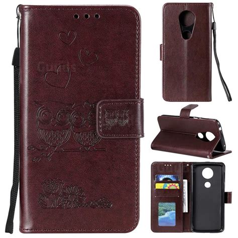 Embossing Owl Couple Flower Leather Wallet Case For Motorola Moto G7 Power Brown Motorola