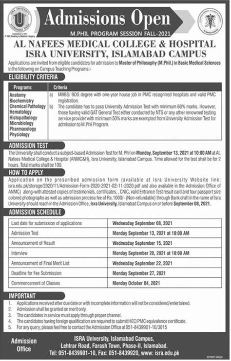 Al Nafees Medical College Mphil Admissions 2021