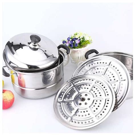 Stainless Steel Steamer Cookware Multi Functional 3 Layers 28 Cm