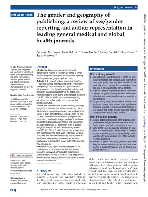 Pdf The Gender And Geography Of Publishing A Review Of Sexgender Reporting And Author