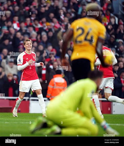 Arsenals Martin Odegaard Celebrates Scoring Their Sides Second Goal