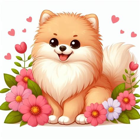 Le Mignon Chien De Pom Ranie Et Les Fleurs Illustration De Dessin Anim