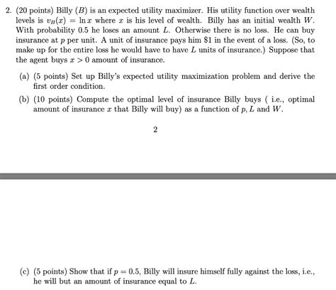 Solved 2 20 Points Billy B Is An Expected Utility