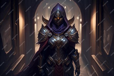 Premium AI Image | A knight in a dark armor stands in a hallway.