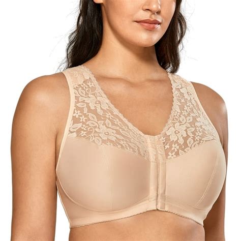 Delimira Women S Full Coverage Wirefree Lace Plus Size Front Closure Bra Racerback