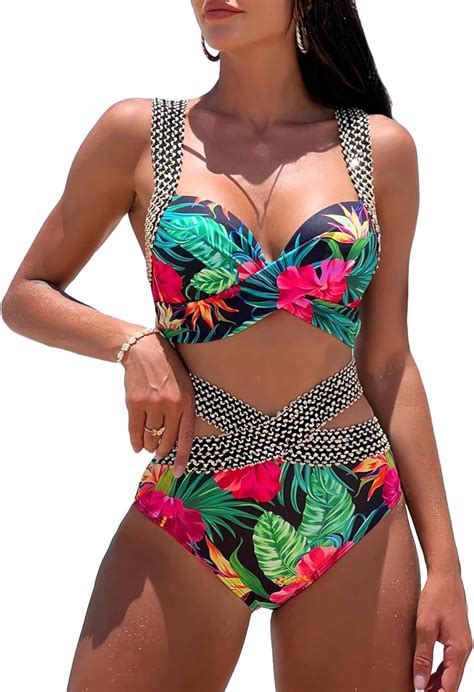 Amazon WDIRARA Women S 2 Piece Swimsuit Tropical Floral Print Criss Cross Push Up Bikini