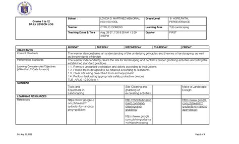 Grades 1 To 12 Daily Lesson Log Grades 1 To 12 Daily Lesson Log School Ldydia D Martinez