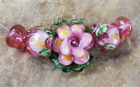 Glass Lampwork Beads Flowers Floral Peace Pink Yellow Etsy Lampwork